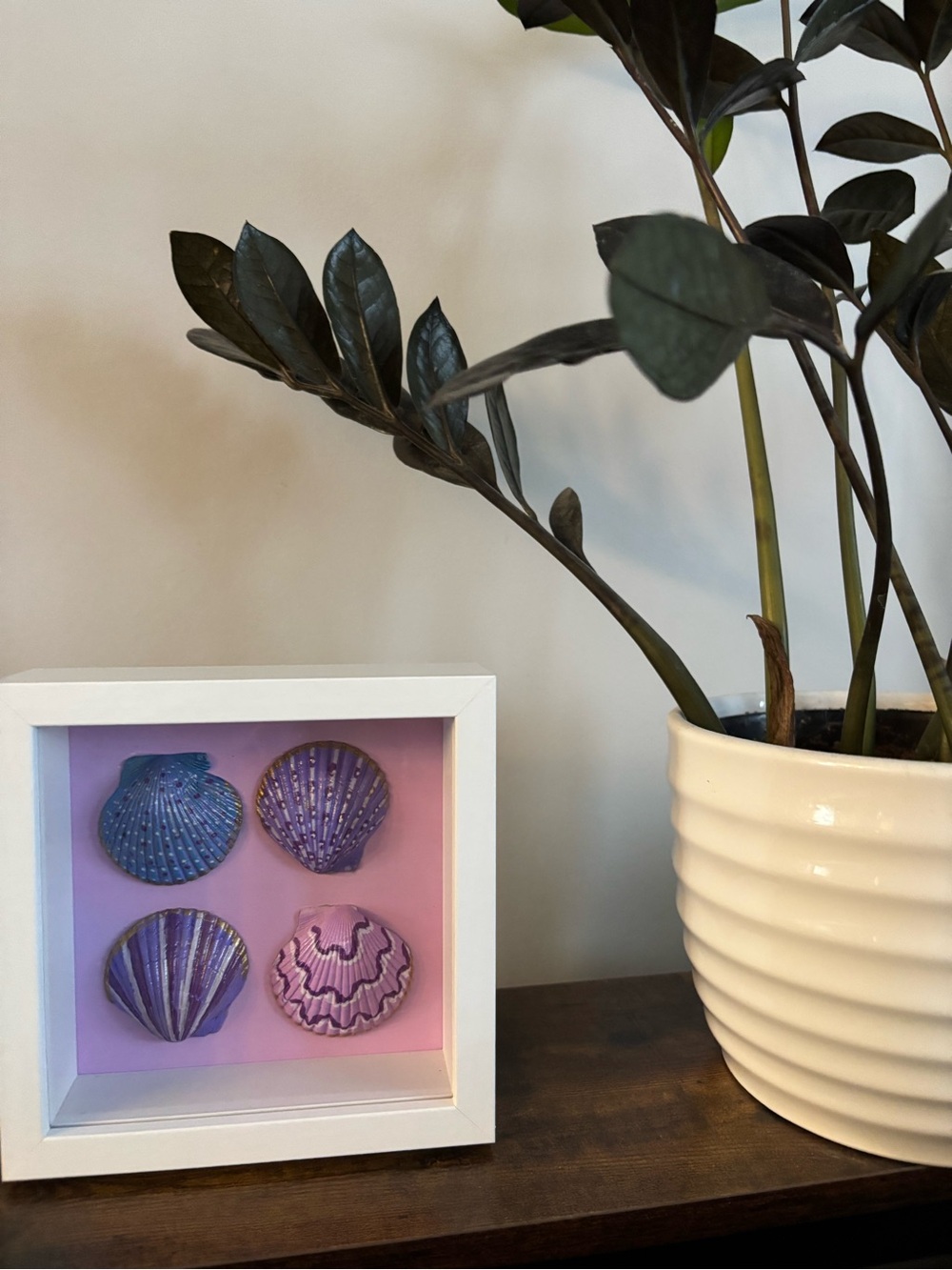 Hand crafted Sea Shell Shadow Box Wall Art - Lavender & pink